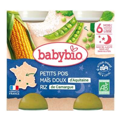 Babybio Bonne Nuit Petits Pois Maïs Doux Riz 6 Mois et + Bio 2 Pots de 200 g