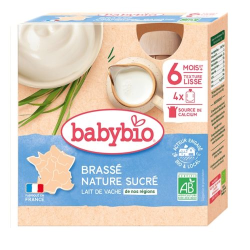 Babybio Desserts Lactés Bébé Brassé Nature Sucré Pack de 4 gourdes de 85g