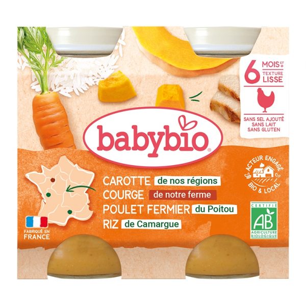 Babybio Carotte Butternut de Provence, Poulet Fermier du Poitou Riz de Camargue 6 Mois et + Bio 2 Pots de 200 g