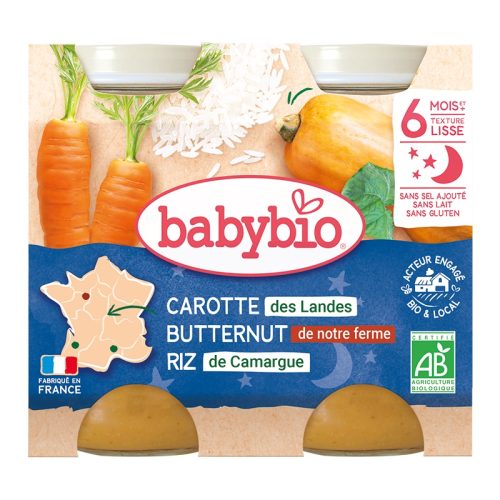 Babybio Bonne Nuit Carotte Butternut Riz 6 Mois et + Bio 2 Pots de 200 g