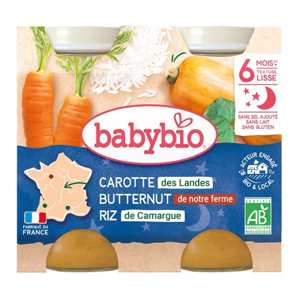 Babybio Bonne Nuit Carotte Butternut Riz 6 Mois et + Bio 2 Pots de 200 g