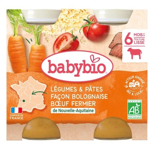 Babybio Légumes et Pâtes Façon Bolognaise au Boeuf Fermier 6 Mois et + 2 Bio Pots de 200 g