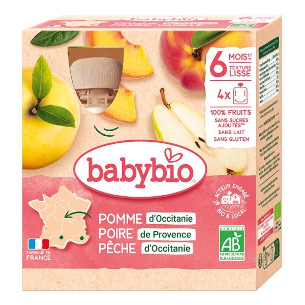 Babybio Pomme Poire Pêche 6 Mois et plus Bio 4 Gourdes de 90 g