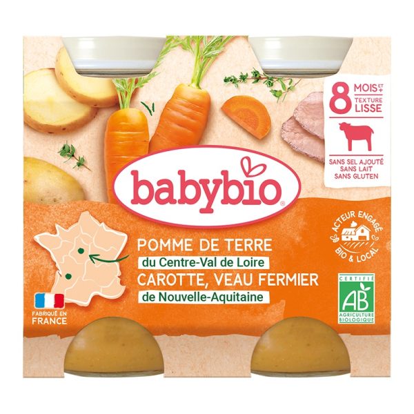 Babybio Pomme de terre du Centre-Val de Loire Carotte Veau fermier de Nouvelle-Aquitaine Petits pots 2x200g