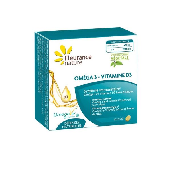 Fleurance Nature Oméga 3 Vitamine D3 Complément Alimentaire Système Immunitaire 30 capsules