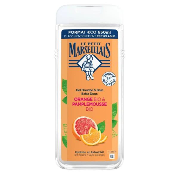 Le Petit Marseillais Gel Douche et Bain Extra Doux Orange BIO et Pamplemousse BIO 650 ml