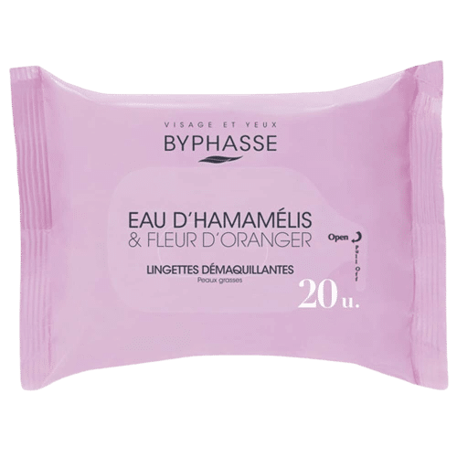BYPHASSE Lingettes démaquillantes à l’eau d’hamamélis et fleur d’oranger peaux grasses 20u