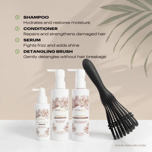MAKARI Coffret pour cheveux shampoing + après-shampoing + sérum + brosse à cheveux